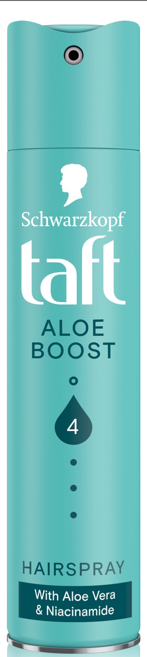 Een turquoise cilindervormige spuitbus met tekst: Schwarzkopf, taft, Aloe Boost, 4, Hairspray, met Aloe Vera & Niacinamide.