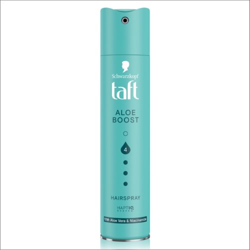 Een turquoise haarlakbus met spraydop, gelabeld Taft Aloe Boost met aloë vera en niacinamide.
