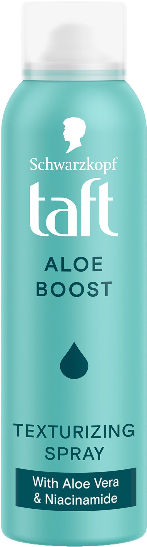 Blauwe spraybus met witte dop, gelabeld 'Schwarzkopf taft Aloe Boost' voor haar, met aloë vera en niacinamide ingrediënten.