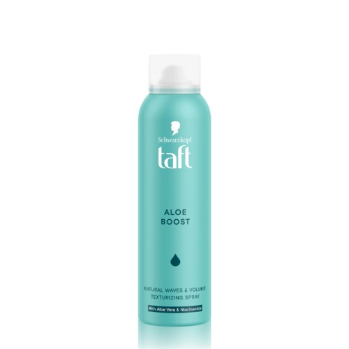 Lichtblauwe sprayflacon met 'TAFT Aloe Boost' voor haar, met Aloe Vera en Niacinamide, voor volume.