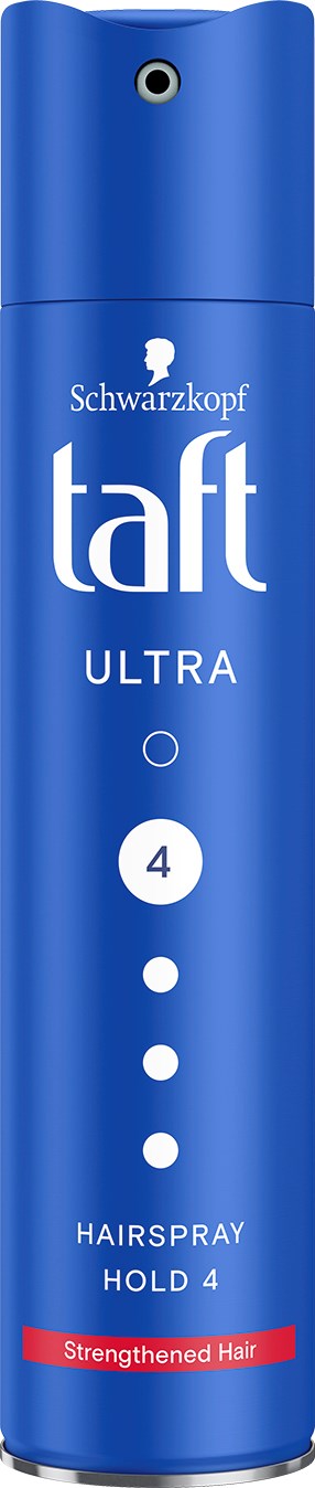 En blå spraycan från Schwarzkopf Taft Ultra med starkt hårstöd, hållstyrka 4.