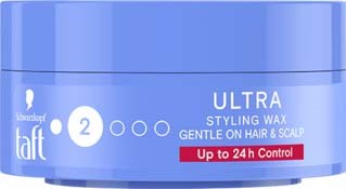 Blauwe verpakking van Taff Ultra stylingwax, zacht voor haar en hoofdhuid, tot 24 uur controle.