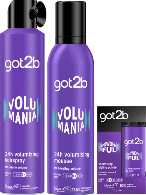 Three purple hair products labeled 'got2b Volu Mania': hairspray, mousse, and setting powder.