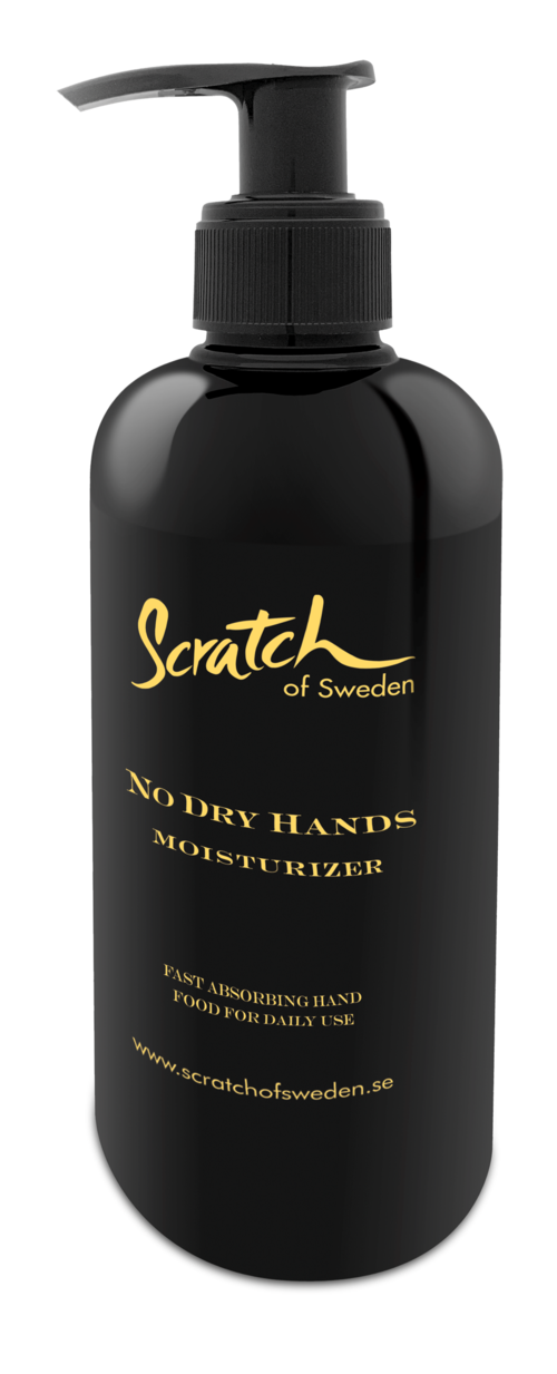Musta pumppupullo, jossa teksti 'Scratch of Sweden' ja 'No Dry Hands Moisturizer.'
