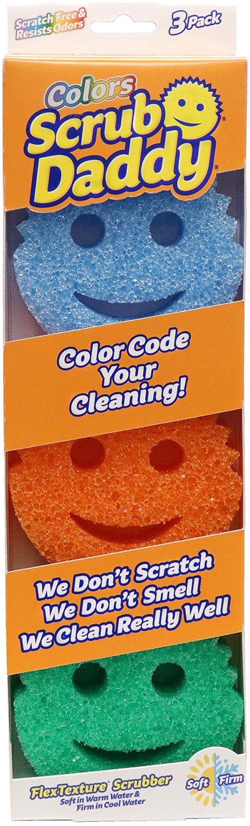 A three-pack of colorful scrubbing sponges with smiley faces, each in different colors: blue, orange, and green.