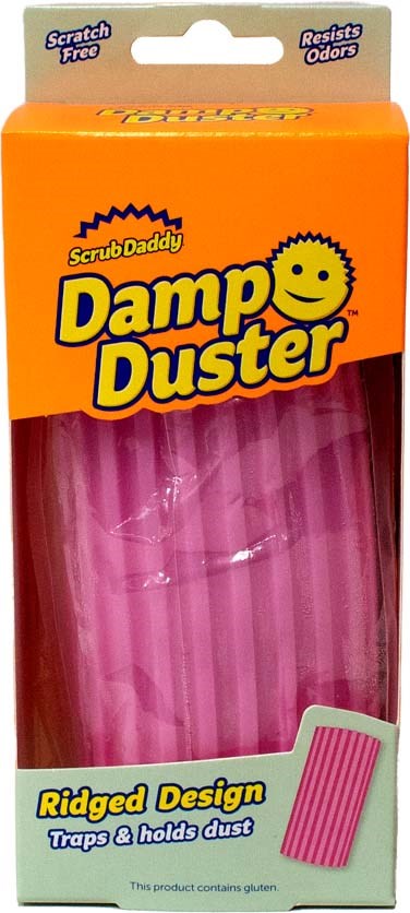 En rosa fuktduffel med räfflad design i tydlig förpackning, märkt som ScrubDaddy Damp Duster.