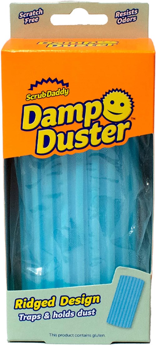 En låda med Damp Duster med blå räfflade rengöringsremsor, märkt som repfria och luktresistenta.