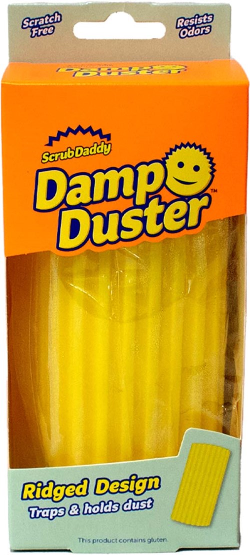 Gula städstavar i orange och vit box med text om att fånga damm och motstånd mot lukt.