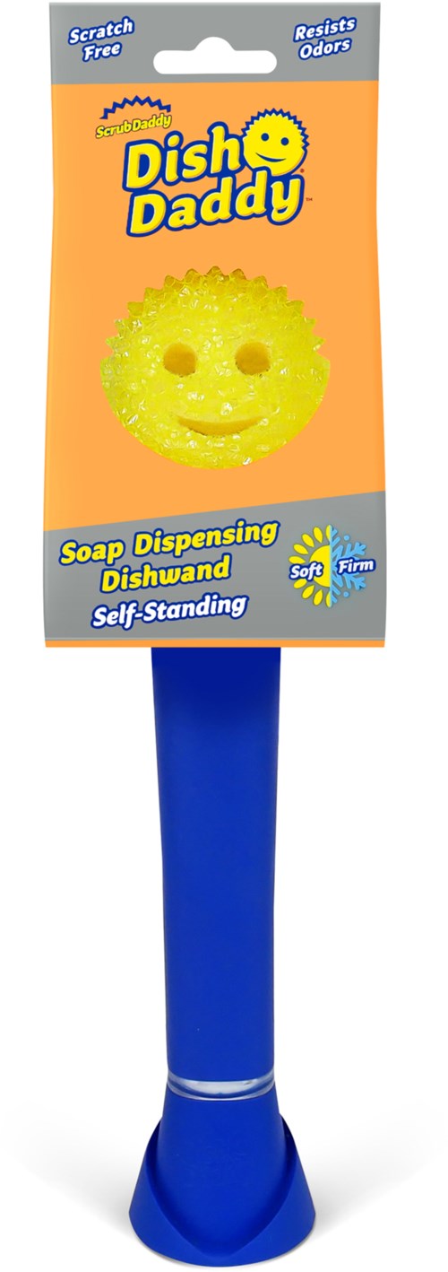 A yellow smiling face soap sponge with a blue handle on packaging labeled Dish Daddy, soap dispenser, and self-standing.