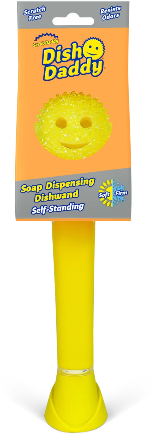 A yellow sponge shaped like a smiling face, with a handle and packaging for Dish Daddy soap dispenser.