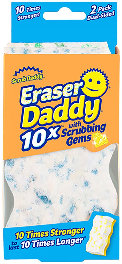 En box med skurhlim av blått och vitt, märkt 'Eraser Daddy' med ett leende ansikte, innehållande 10 rengöringssvampar.
