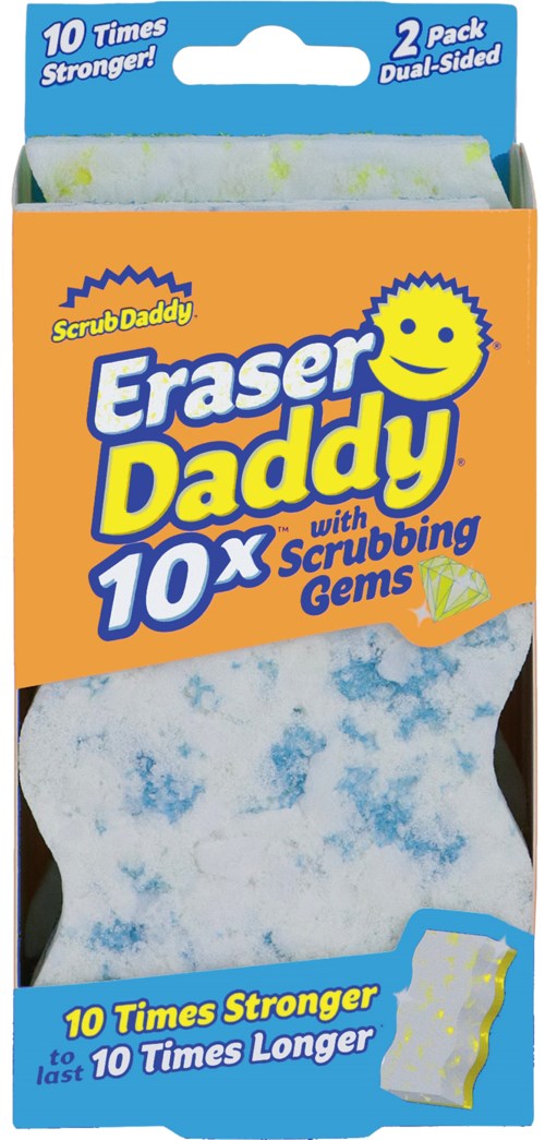 A box of Eraser Daddy with scrubbing gems, showing an eraser with blue and white colors, and text highlighting strength and longevity.