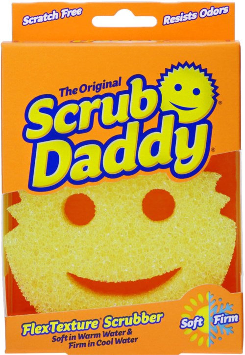 En svamp i en låda formad som ett leende ansikte, märkt 'Scrub Daddy' med funktioner om rengöring och mjukhet.