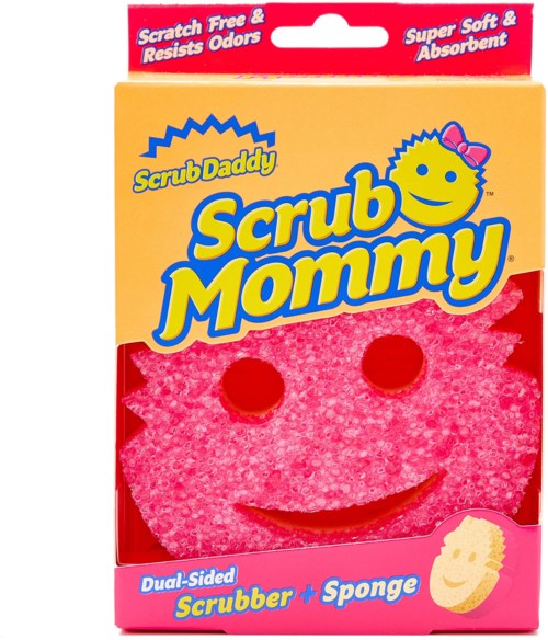 Rosa svamp med ett leende ansikte och hål, märkt som Scrub Mommy, en dubbelsidig skur- och svamp.