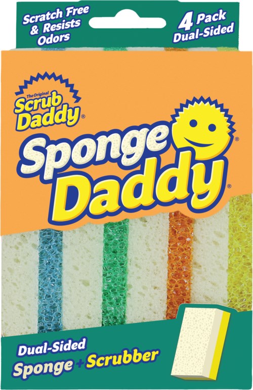 Cleaning sponge and scrubbing pad in bright packaging, highlighting it is scratch free and odor resistant.