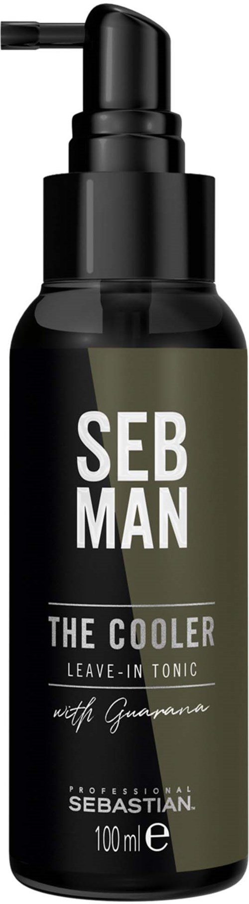 Eine schwarze Flasche mit Pumpverschluss, beschriftet Seb Man The Cooler Leave-in Tonic mit Guarana, Größe 100 ml.