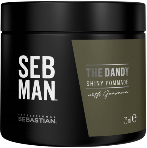 En svart burk med Seb Man stylingpomada, med en grön etikett, 75 ml, kallad The Dandy med Guarana.