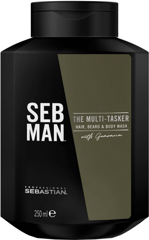 Eine schwarze Flasche mit einem Etikett, das 'SEB MAN THE MULTI- TASKER HAIR, BEARD & BODY WASH' sagt.