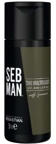 Eine schwarze und grüne Flasche mit SebMan Haar- und Bartprodukt mit schwarzem Deckel.