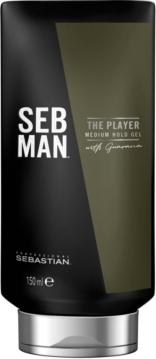 En svart och grön tub med vitt text visar en hårgeléprodukt som heter Seb Man The Player. Den har medelhåll och är 150 ml.