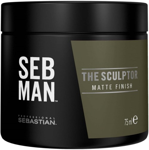 En svart behållare med vit och grön text för Seb Man sculptor matt finish-produkt.