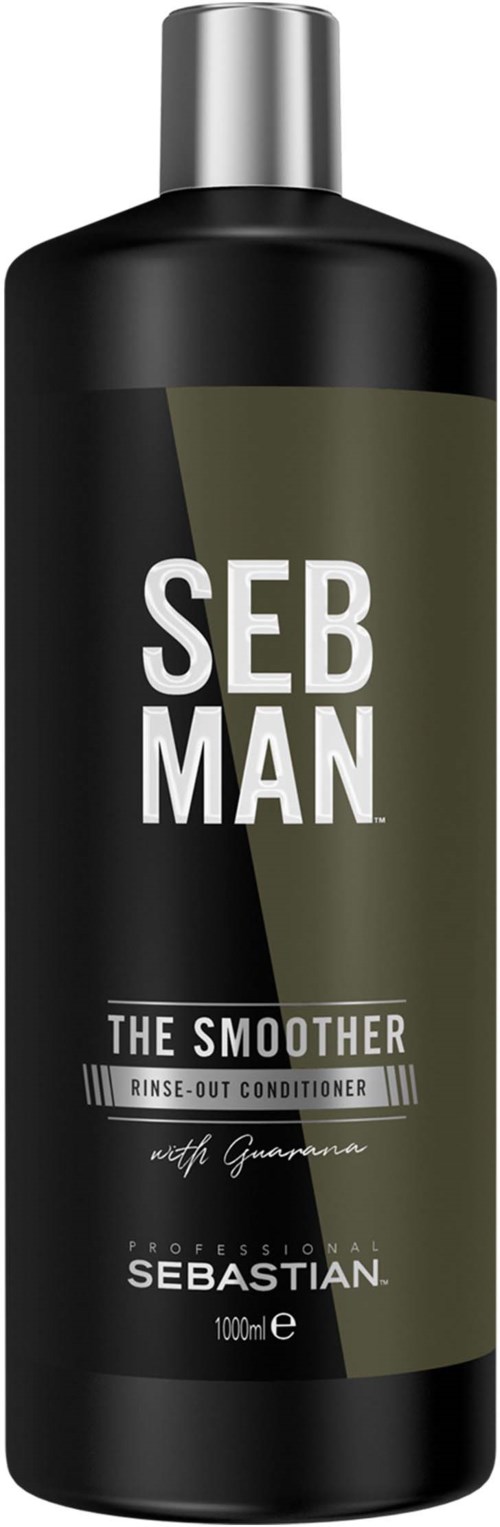 Eine schwarze Flasche mit silberner Kappe, beschriftet mit 'SEB MAN' und 'The Smoother', grau-schwarz Design.