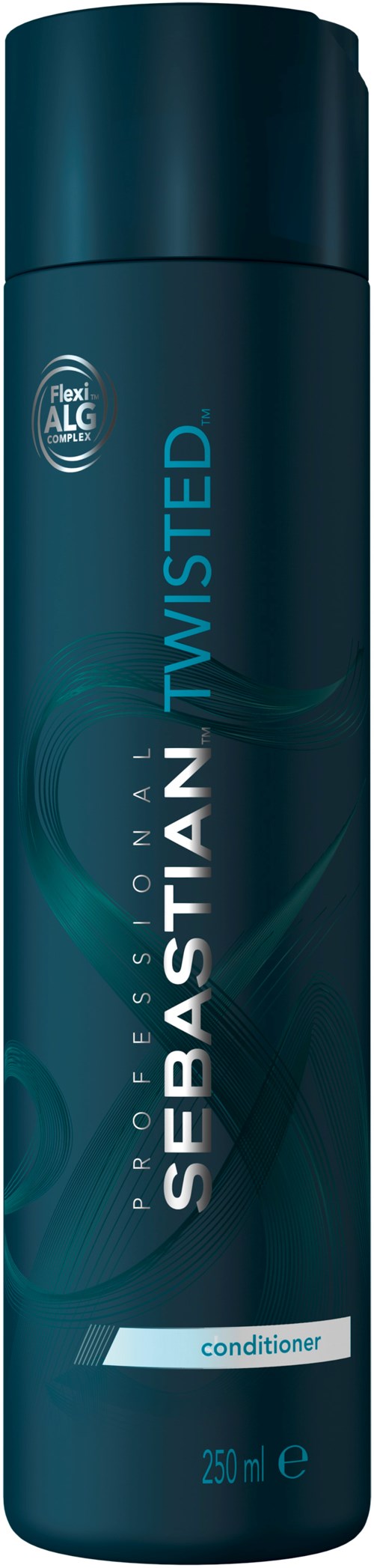 En blå flaska Sebastian Professional Twist Balsam med 250 ml kapacitet. Den har ett mörkblått lock och logodetaljer.