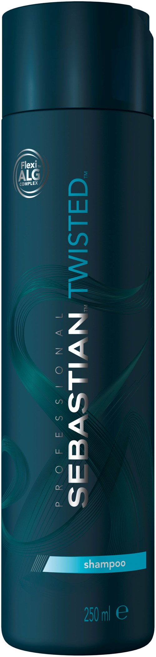 En mörkblå schampoflaska med namnet Sebastian Twisted, har en etikett som säger 'schampo' och '250 ml'.