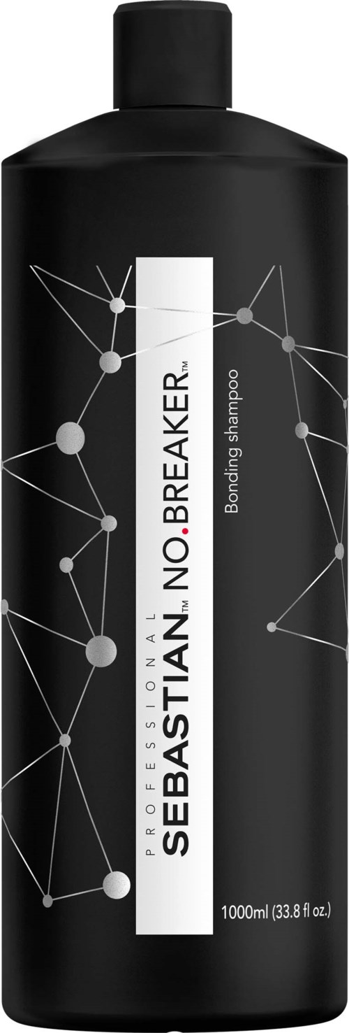 En svart flaska Sebastian No Breaker Bond Hair Shampoo med modern design och nätverksliknande mönster.