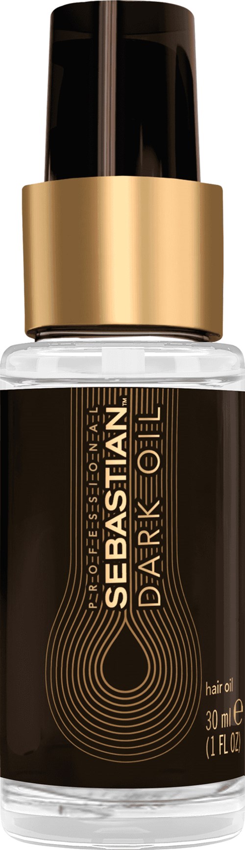 En liten glasflaska med svart och guld pump, märkt 'Sebastian Dark Oil' för hårvård, 30 ml.