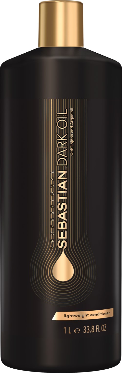 Svart flaska med guldlock, märkt Sebastian Dark Oil och lättviktigt balsam, 1 liter.
