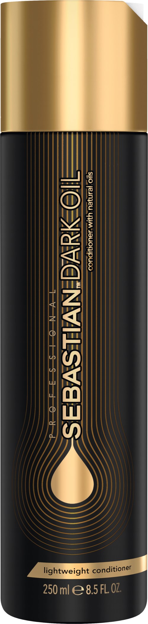 En svart flaska med guldkapsel och etikett, kallad Sebastian Dark Oil, 250 ml, för hårvård.