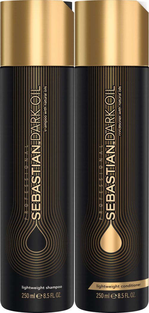 Två svarta och guldflaskor: en för schampo, en för balsam, båda 250 ml. De är från Sebastian Dark Oil.