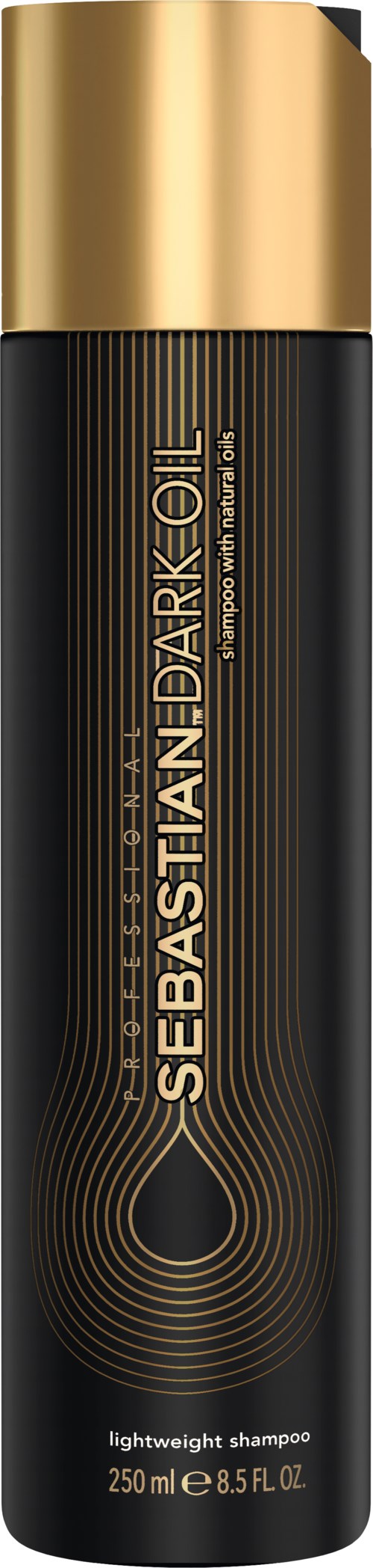 En lång, svart och guldburk med Sebastian Professional schampo. Den har en modern och slank design med text och logga.