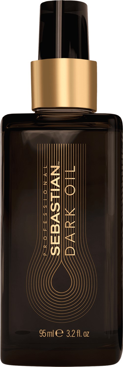 Donkere fles met zwarte en gouden spraydop, label 'Sebastian Dark Oil', bevat 95 ml haarolie.