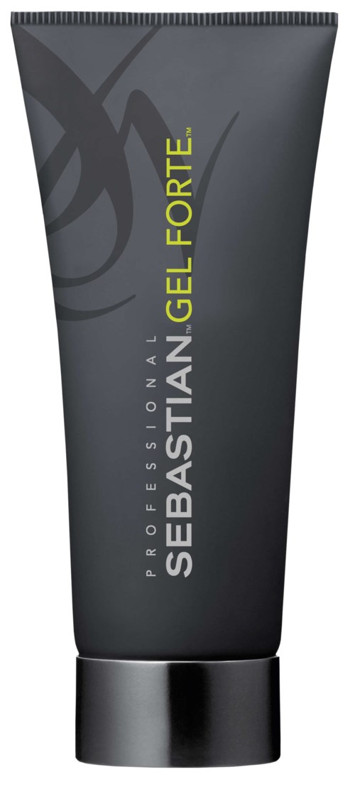 Zwarte tube met gele en witte tekst, gelabeld 'Sebastian Professional Gel Forte,' waarschijnlijk een haargeelcontainer.