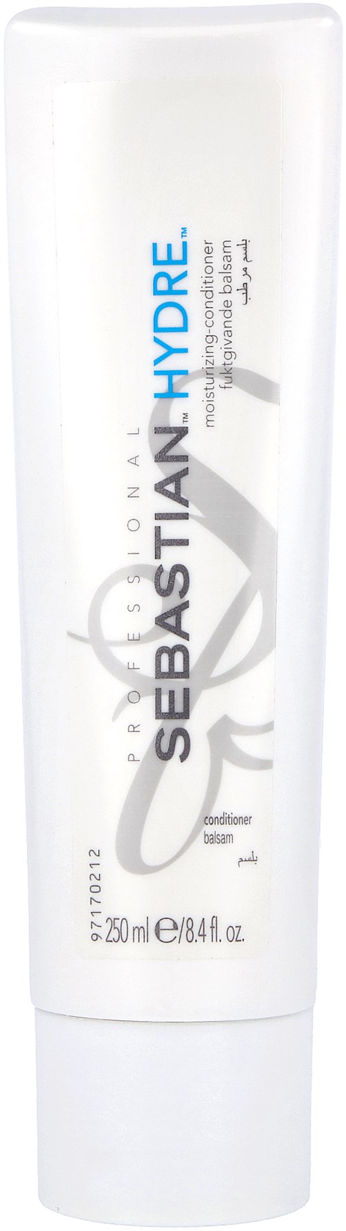 En vit flaska av Sebastian Professional Hydre balsam med blå och grå text, står upprätt.