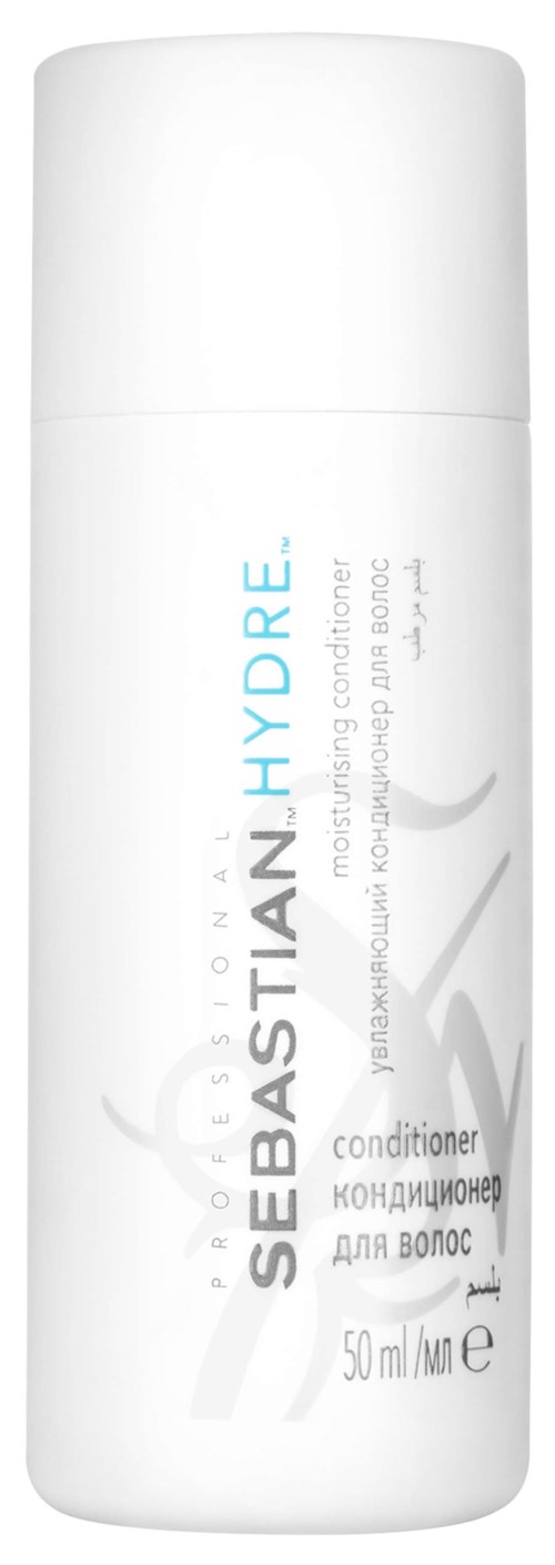 En vit flaska märkta Sebastian Hydre balsam för hår, 50 ml volym. Enkel design med text och logotyp.