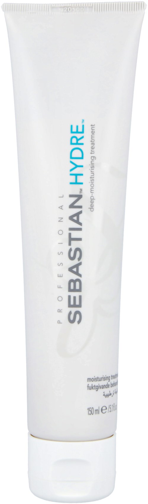 Vit tub med Sebastian Hydre hårprodukter med blå och svart text.