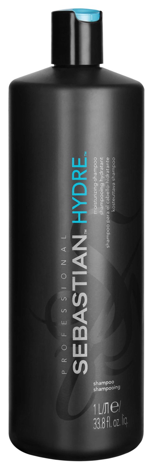 En svart flaska med blå och vita text, märkt 'Sebastian Professional Hydro' för schampo, med en blå kork.