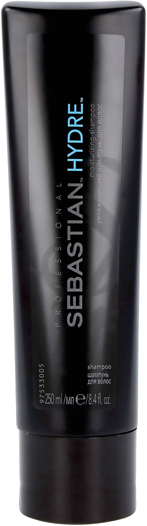 Svart schampoflaska med blå och vit text. Den säger 'Sebastian Professional' och 'HYDRE'.