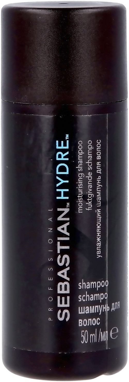 En svart flaska med blå och vit text, märkt som Sebastian Hydre schampo för hår, 50 ml.