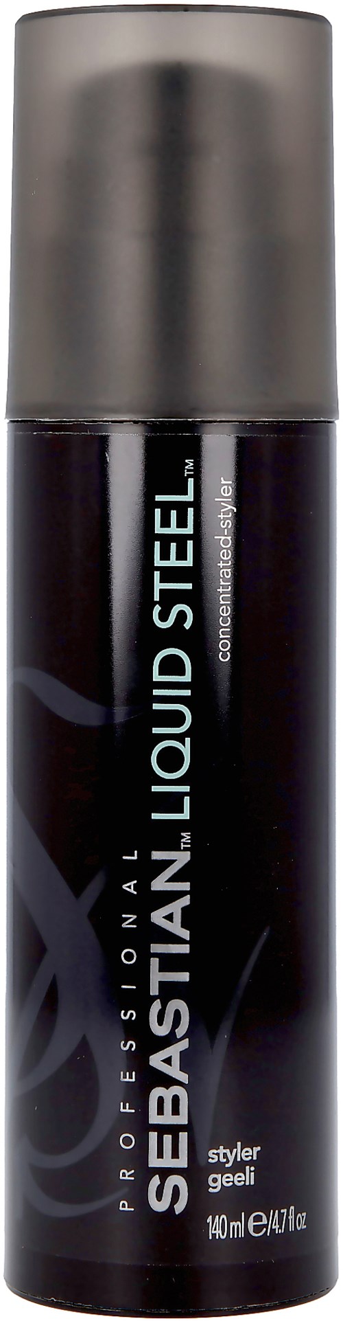 En svart cylinderformad tub med silverlock, märkt som professionell stylinggel kallad Subblastain Liquid Steel.