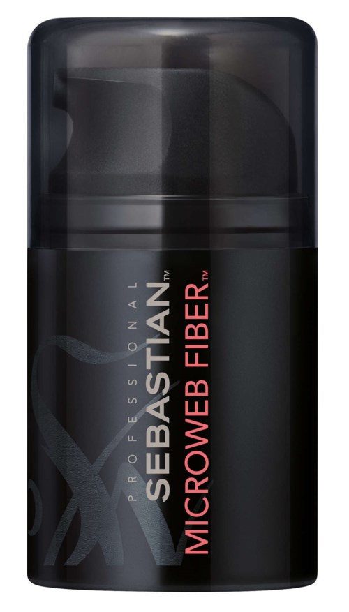 Zwarte fles met label 'Sebastian Microfiber Fiber' en doorzichtige dop.