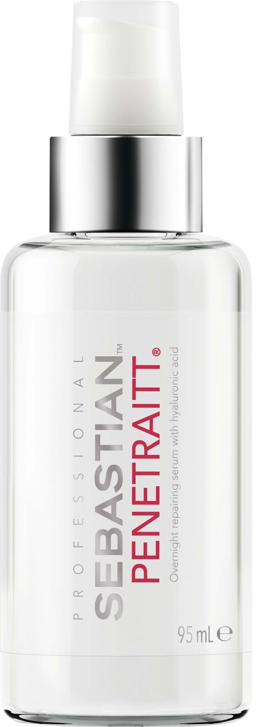 Eine klare Flasche mit weißem Pumpen, beschriftet 'Sebastian Penetrate', 95 ml. Es scheint ein Haarpflegeprodukt zu sein.
