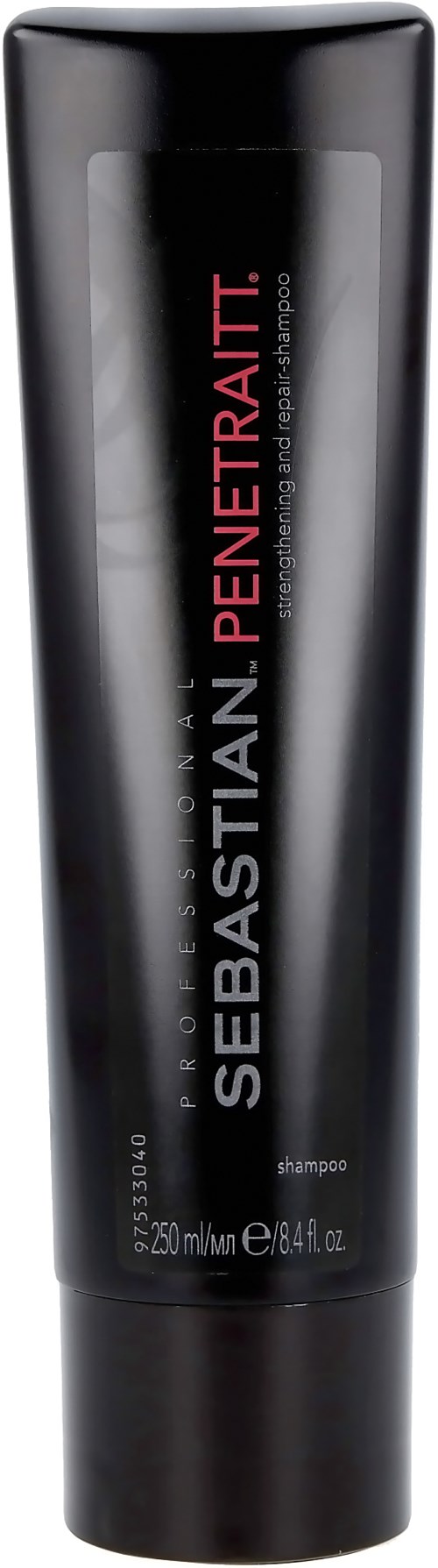 En svart flaska schampo märkt Sebastian Penetrate, med röd och vit text på en elegant design.