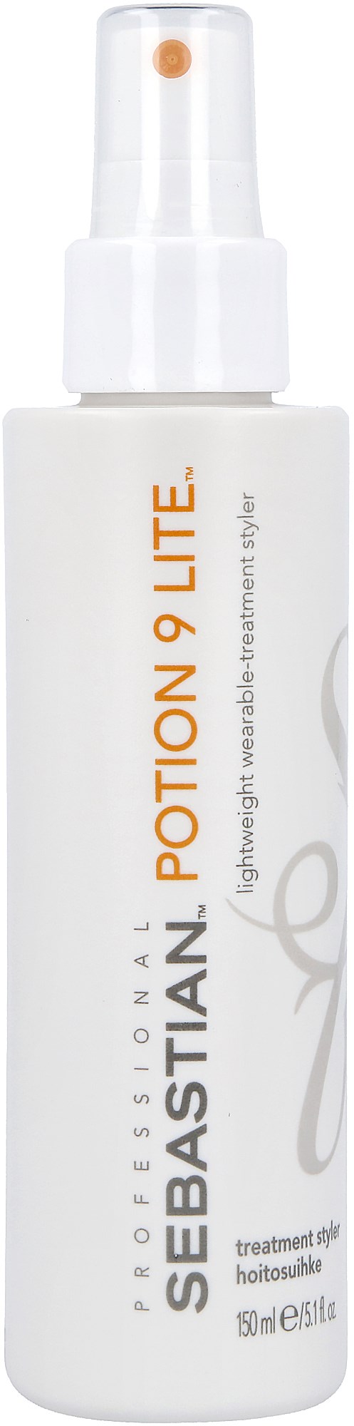 En vit sprayflaska märkt 'Sebastian Potion Ql' med orange och svart text, och en spraymunstycke.