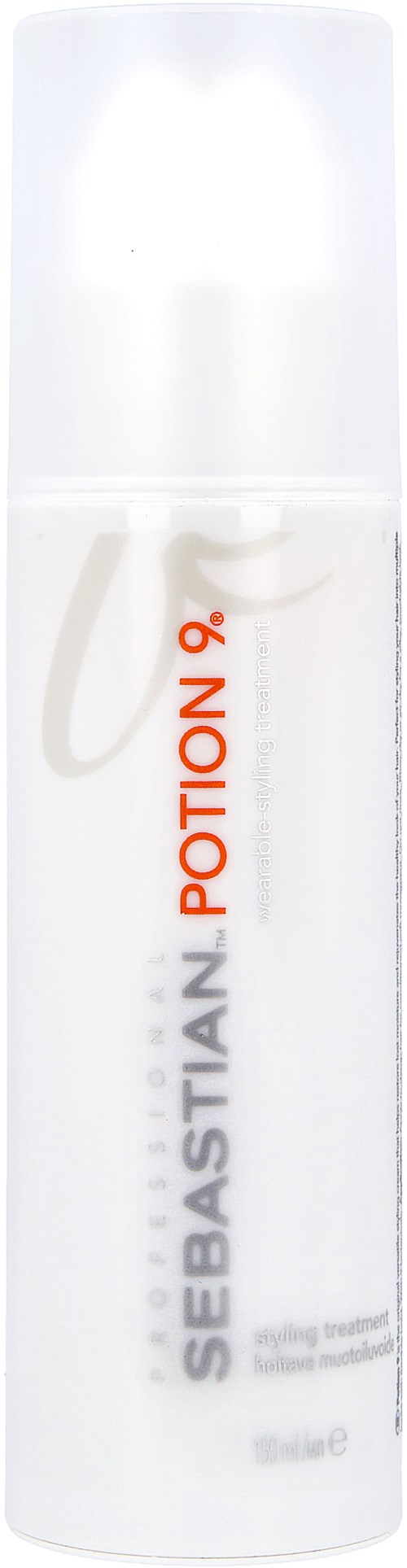 En vit sprayflaska märkt "Sebastian Potion 9" med orange och grå text.