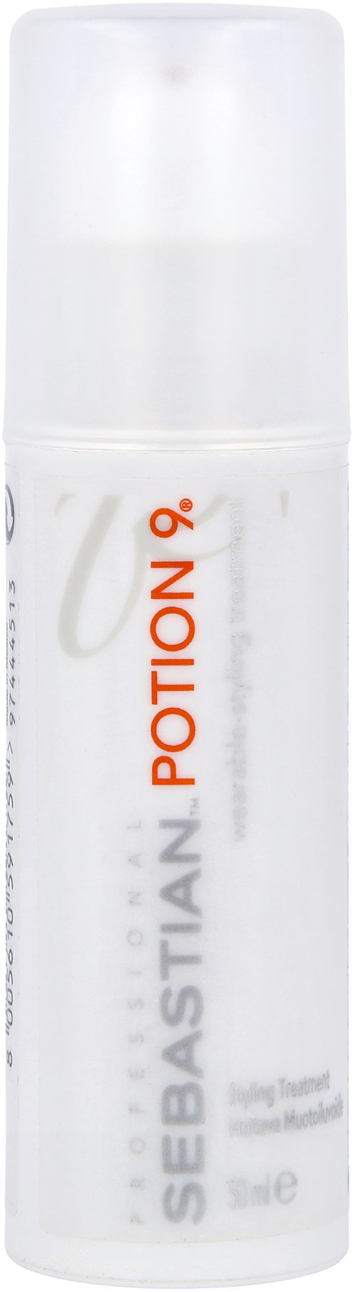 En vit flaska märkt 'Sebastian Potion 9' med orange och grå text, troligen för hårvårdsprodukt.