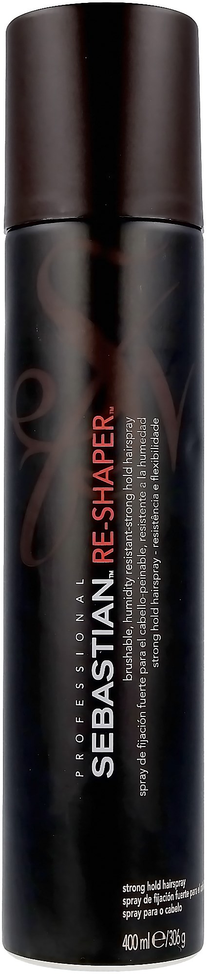 En svart sprayflaska märkt "Sebastian Reshape" för hår, med en brun plopp, står upprätt.